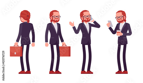 Businessman, young red haired office worker standing. Manager in smart formal wear, administrative person, corporate employee. Vector flat style cartoon illustration isolated on white background