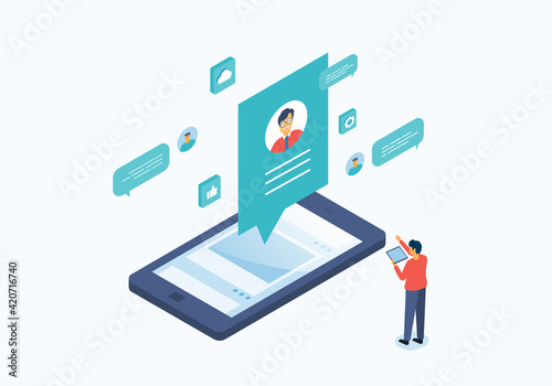 flat vector design online communication concept with people use social media for business connection 