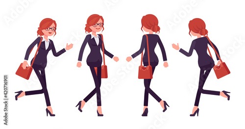 Businesswoman, red haired office worker walking, running. Manager in smart formal wear, administrative person, corporate employee. Vector flat style cartoon illustration isolated, white background
