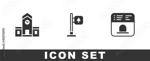 Set Railway station, Road traffic signpost and Ticket office to buy tickets icon. Vector