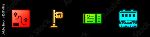 Set Route location, Cafe and restaurant, Train ticket and Passenger train cars icon. Vector