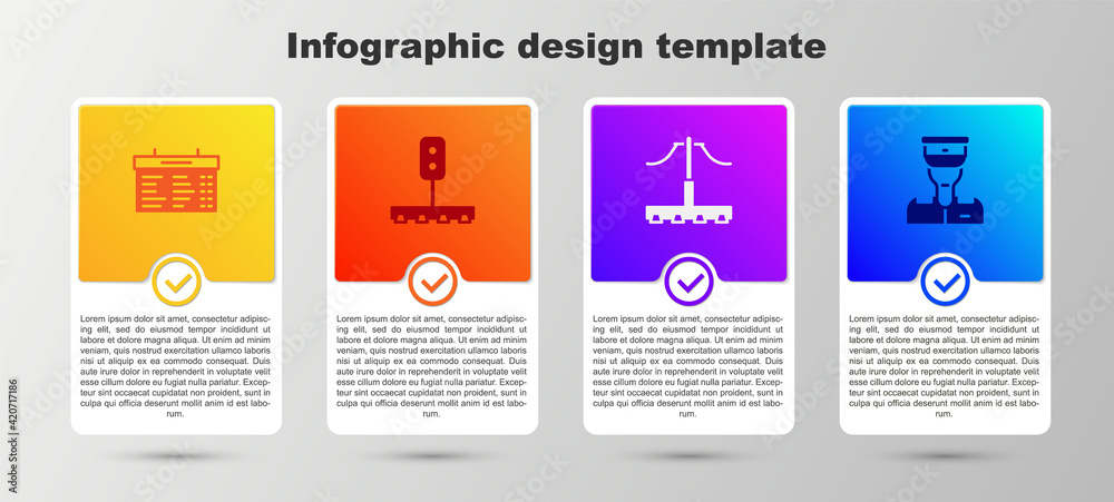 Set Train station board, traffic light, Railway and conductor. Business infographic template. Vector Set Train station board, traffic light, Railway and conductor. Business infographic template. Vector