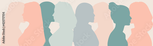 Silhouette group of multiethnic women and man who talk and share ideas and information. Communication and friendship women or girls of diverse cultures. Women social network community. Speak	