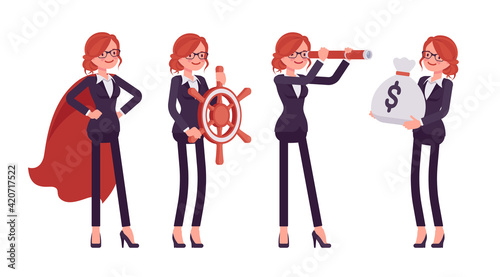 Businesswoman, red haired office worker with spy glass, navigation wheel. Manager in smart formal wear, administrative person. Vector flat style cartoon illustration isolated on white background