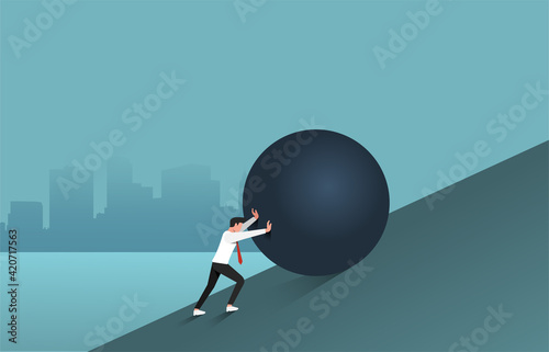 WebBusinessman pushing big boulder uphill illustration. Reaching success and overcome obstacle concept. photo