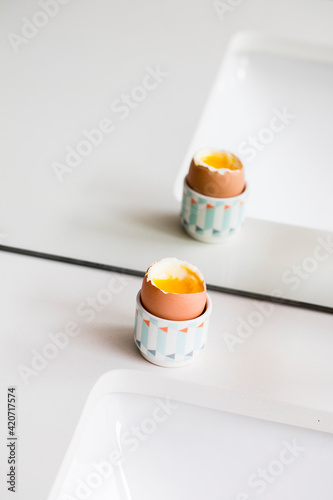 Egg breakfast on bathroom vanity photo
