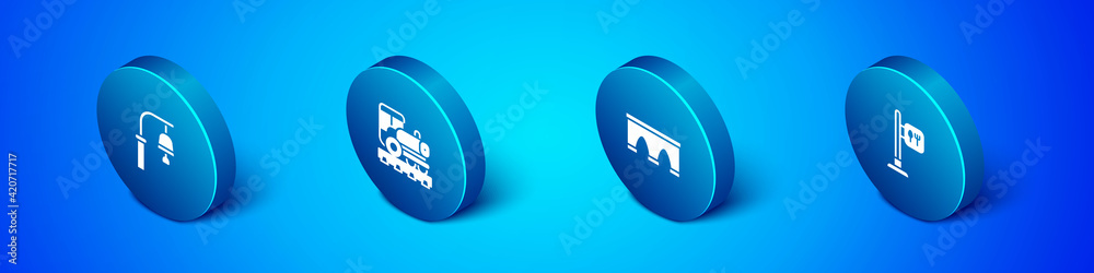 Set Isometric Train station bell, Bridge for train, Cafe and restaurant location and Vintage locomotive icon. Vector Set Isometric Train station bell, Bridge for train, Cafe and restaurant location and Vintage locomotive icon. Vector
