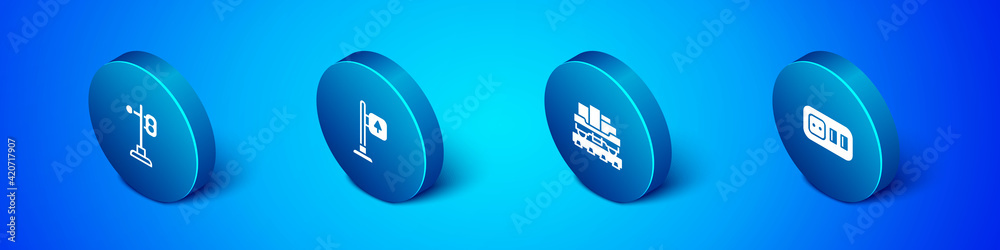 Set Isometric Train traffic light, Cargo train wagon, Electrical outlet and Road signpost icon. Vector Set Isometric Train traffic light, Cargo train wagon, Electrical outlet and Road signpost icon. Vector
