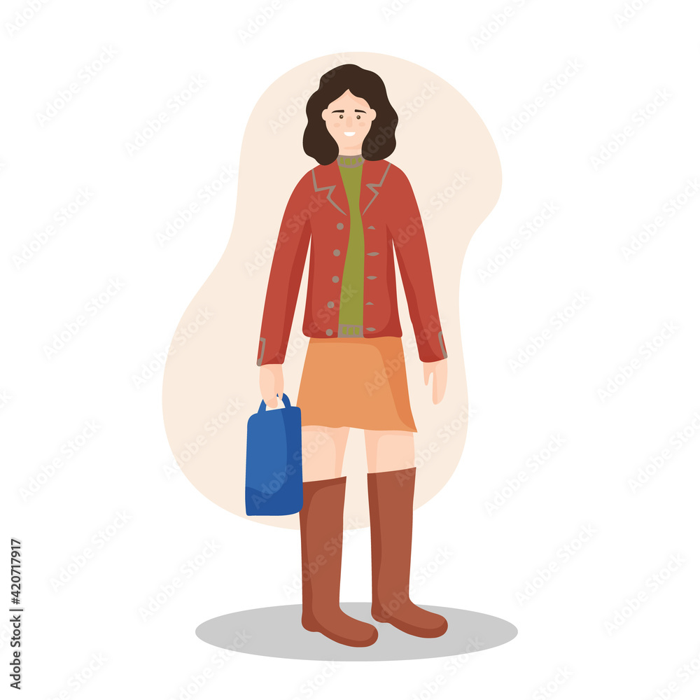 Portrait of a stylish young woman in casual clothing. Street fashion. Modern girl on a walk, going about her business. vector flat illustration Portrait of a stylish young woman in casual clothing. Street fashion. Modern girl on a walk, going about her business. vector flat illustration