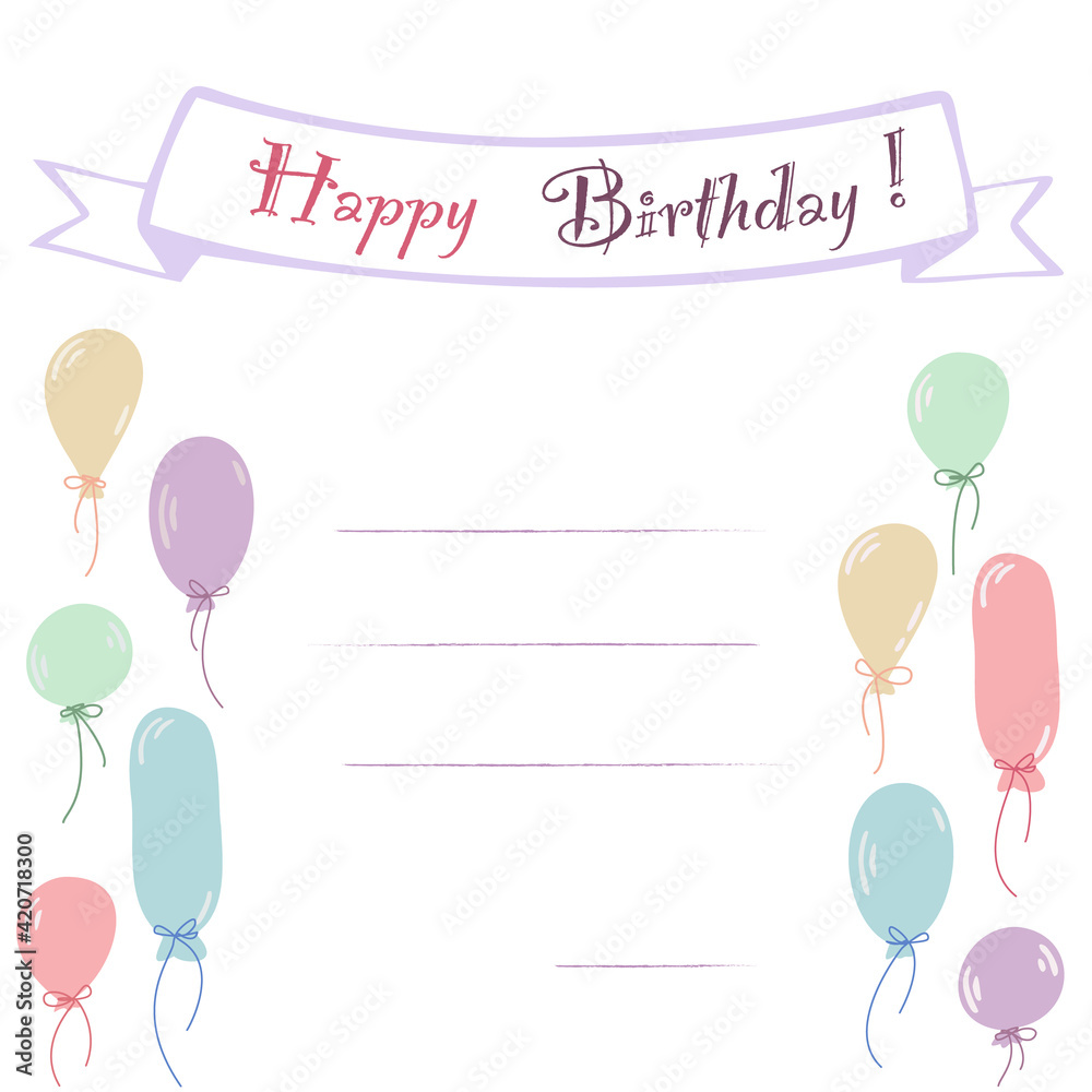 Happy birthday greeting card with flag and colorful baloons in pastel colors. Vector illustration in cute simple flat style.