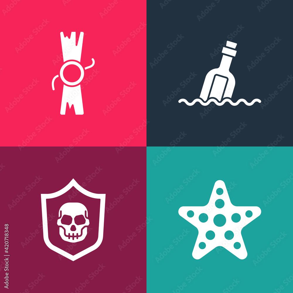Set pop art Starfish, Shield with pirate skull, Bottle message in water and Decree, parchment, scroll icon. Vector Set pop art Starfish, Shield with pirate skull, Bottle message in water and Decree, parchment, scroll icon. Vector
