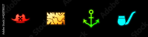 Set Pirate hat, treasure map, Anchor and Smoking pipe icon. Vector