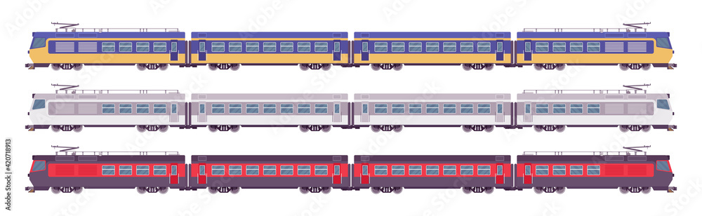 Passenger electric trains set, rail transport lines journey. Bright ...