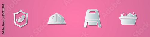 Set paper cut Baby on shield, hat, potty and bathtub icon. Paper art style. Vector