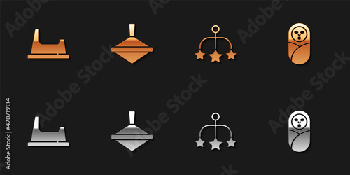 Set Baby potty, Whirligig toy, crib hanging toys and Newborn baby infant swaddled icon. Vector