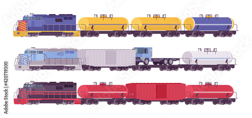 Rail Freight colorful train set, goods wagons on railway transporting cargo. Varied color railroad shipper, heavy rail carrier. Vector flat style cartoon illustration isolated on white background