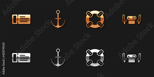 Set Cruise ticket, Anchor, Lifebuoy and Poker table icon. Vector