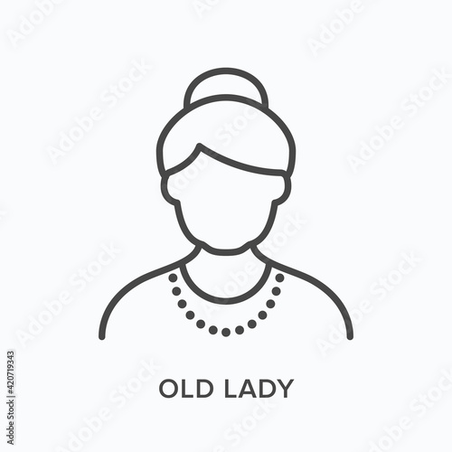 Old lady flat line icon. Vector outline illustration of senior woman. Black thin linear pictogram for grandma