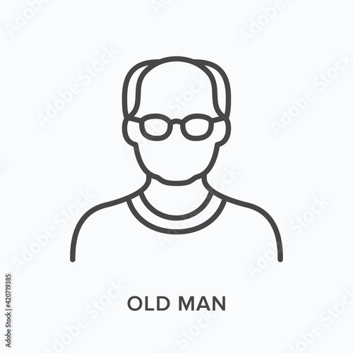 Old man flat line icon. Vector outline illustration of senior person. Black thin linear pictogram for grandfather