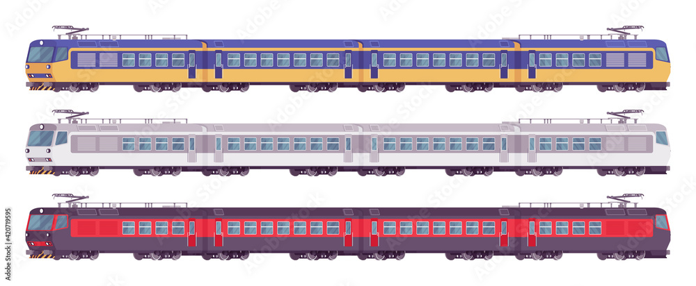 Passenger electric trains colorful set, rail transport. Bright locomotive,  green, yellow, red color, travel and transportation. Vector flat style  cartoon illustration isolated on white background Stock Vector | Adobe Stock
