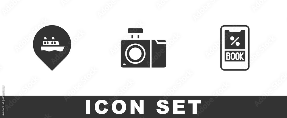 Set Location with cruise ship, Photo camera and Cruise ticket icon. Vector