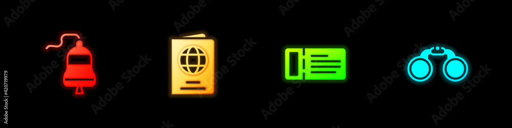 Set Ship bell, Passport, Cruise ticket and Binoculars icon. Vector Set Ship bell, Passport, Cruise ticket and Binoculars icon. Vector