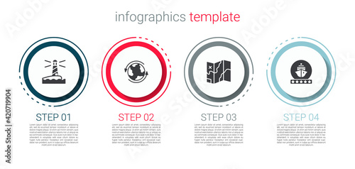 Set Lighthouse, Worldwide, Folded map and Cruise ship. Business infographic template. Vector