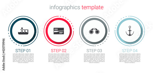 Set Beach pier dock, Postcard travel, Binoculars and Anchor. Business infographic template. Vector