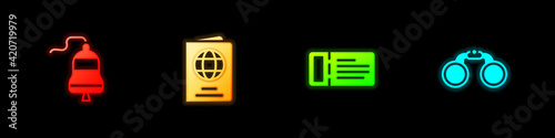 Set Ship bell, Passport, Cruise ticket and Binoculars icon. Vector