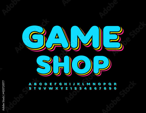 Vector modern logo Game Shop. Trendy style Font. Bright creative Alphabet Letters and Numbers set