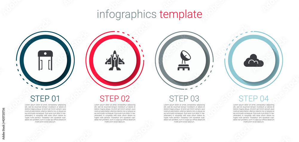 Set Metal detector in airport, Jet fighter, Radar and Cloud weather. Business infographic template. Vector Set Metal detector in airport, Jet fighter, Radar and Cloud weather. Business infographic template. Vector