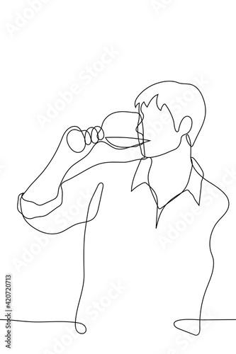 man in a shirt drinks a wine drink from a glass - one line drawing. a taster or wine lover sips wine from a glass in an informal setting