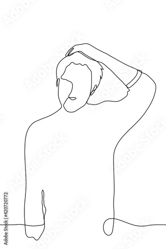 young man stands and smooths his hair back - one line drawing. handsome man combing his hair back, the guy straightens his hairstyle