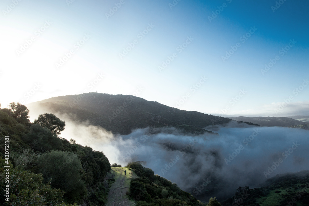 Bellissimo paesaggio montanaro sopra le nuvole