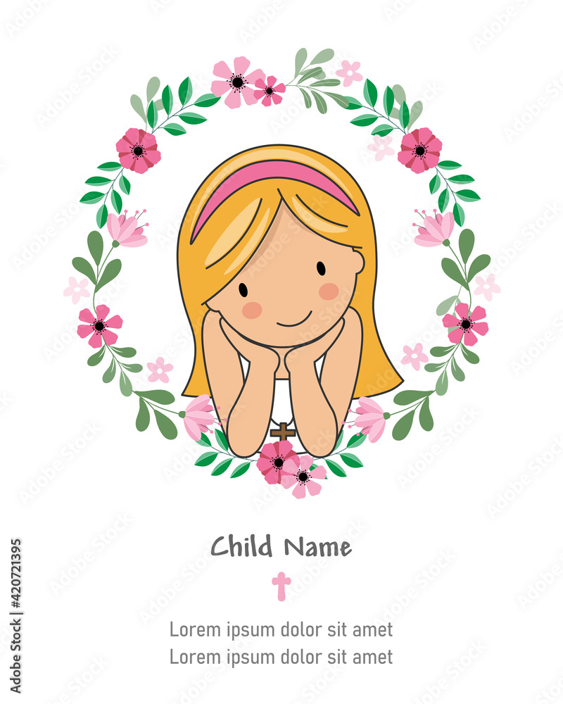 My first communion girl card. Girl inside flower frameIsolated vector