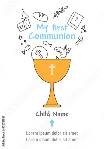 First communion card. Chalice with religion icons. Isolated vector