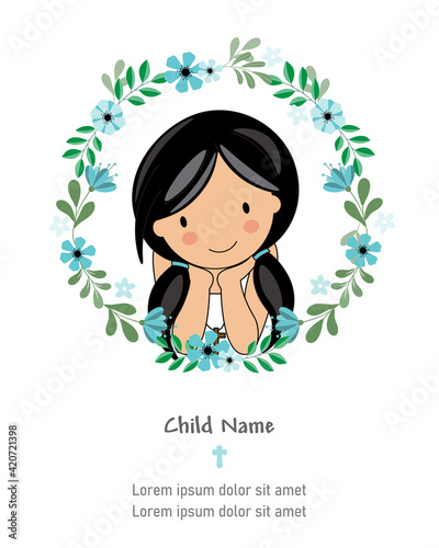 My first communion girl card. Girl inside flower frameIsolated vector photo