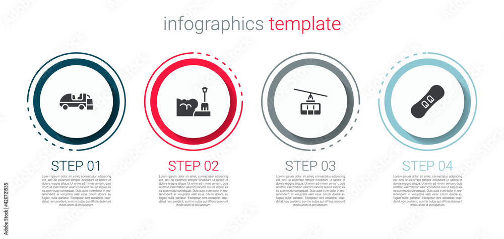 Set Ice resurfacer, Shovel in snowdrift, Cable car and Snowboard. Business infographic template. Vector Set Ice resurfacer, Shovel in snowdrift, Cable car and Snowboard. Business infographic template. Vector