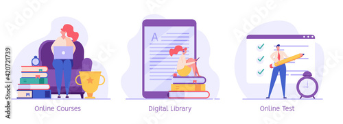 Online education vector illustration set. Concept of online courses, e-learning, digital library, e-book, online exam, examination and testing in university, college. Flat illustration for UI, banner