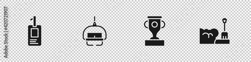 Set Identification badge, Ski lift, Award cup and Shovel in snowdrift icon. Vector