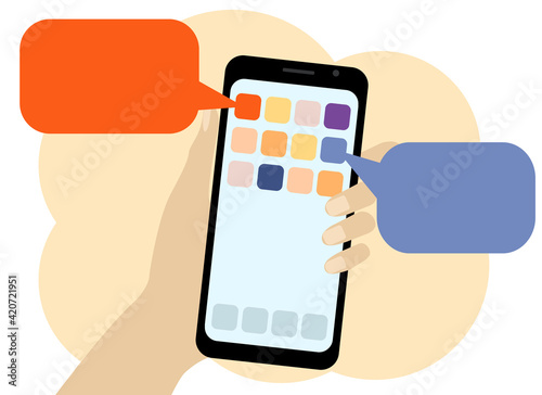 Hand with the phone. There are many mobile applications on the phone