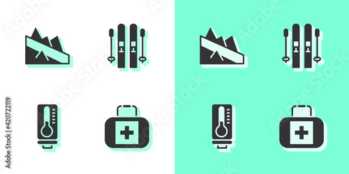 Set First aid kit, Mountain descent, Meteorology thermometer and Ski and sticks icon. Vector