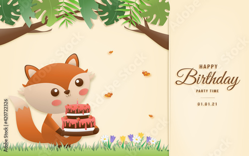 Cartoon happy birthday animals card. Greeting cards with cute safari or jungle animals fox holding cake party in the tropical forest. Template invitation paper art style vector illustration.