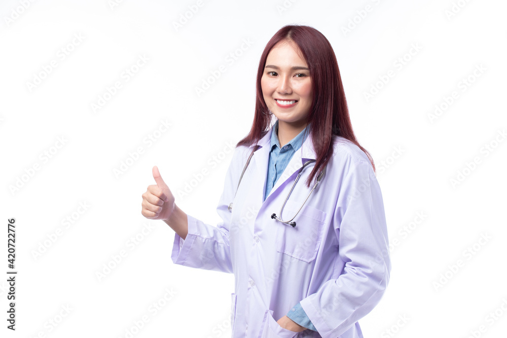 Profession healthcare people and medicine concept. Beautiful portrait friendly asian female doctor or nurse smiling and showing thumbs up with stethoscope isolated on white background. Profession healthcare people and medicine concept. Beautiful portrait friendly asian female doctor or nurse smiling and showing thumbs up with stethoscope isolated on white background.