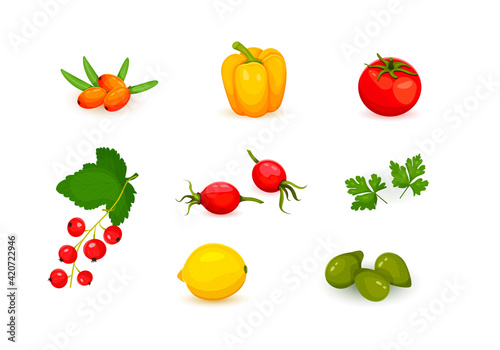 Fototapeta Naklejka Na Ścianę i Meble -  sources of vitamin c, Plant sources of vitamin Collection of vitamin C sources. Fruits and vegetables enriched with ascorbic acid. Set of vegetables and fruits icons Flat cartoon vector illustration