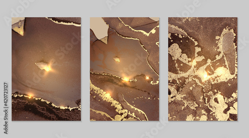 Marble set of gold and chocolate backgrounds with texture. Geode pattern