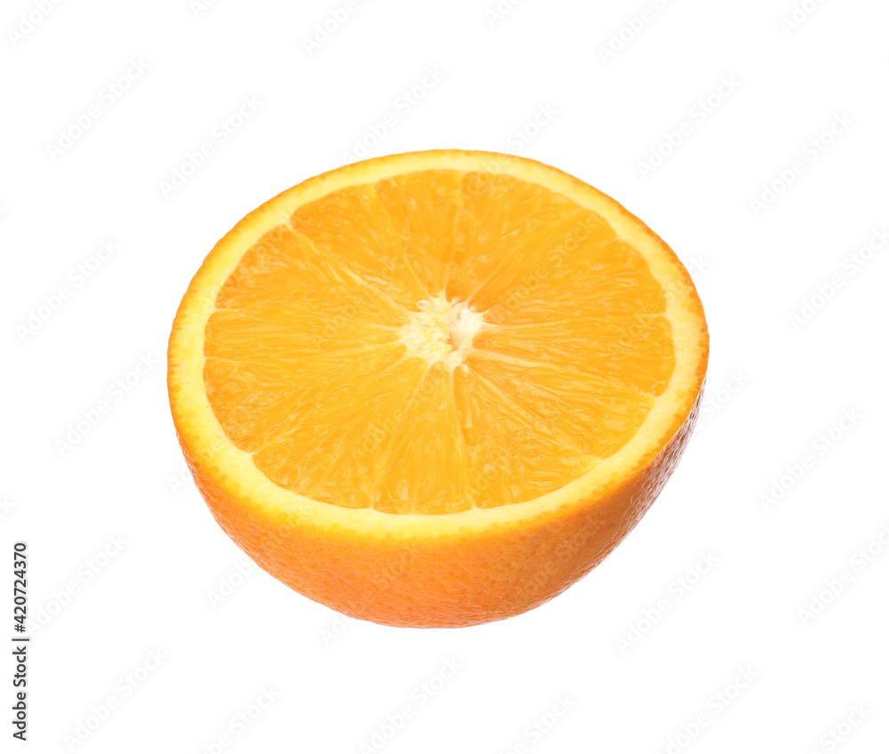 Half of fresh ripe orange isolated on white Half of fresh ripe orange isolated on white