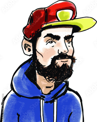 vector illustration of serious bearded man in cap 
