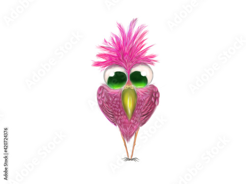 Cute fluffy pink flamingo with plumage and green eyes standing , cartoon character, wildlife illustration. High quality illustration