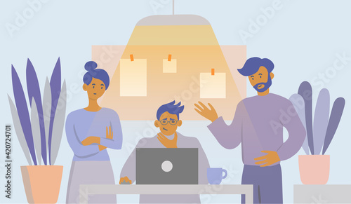Team of information technology specialists at the office, trying to solve difficult problem, teamwork concept. Hand drawn flat vector illustration